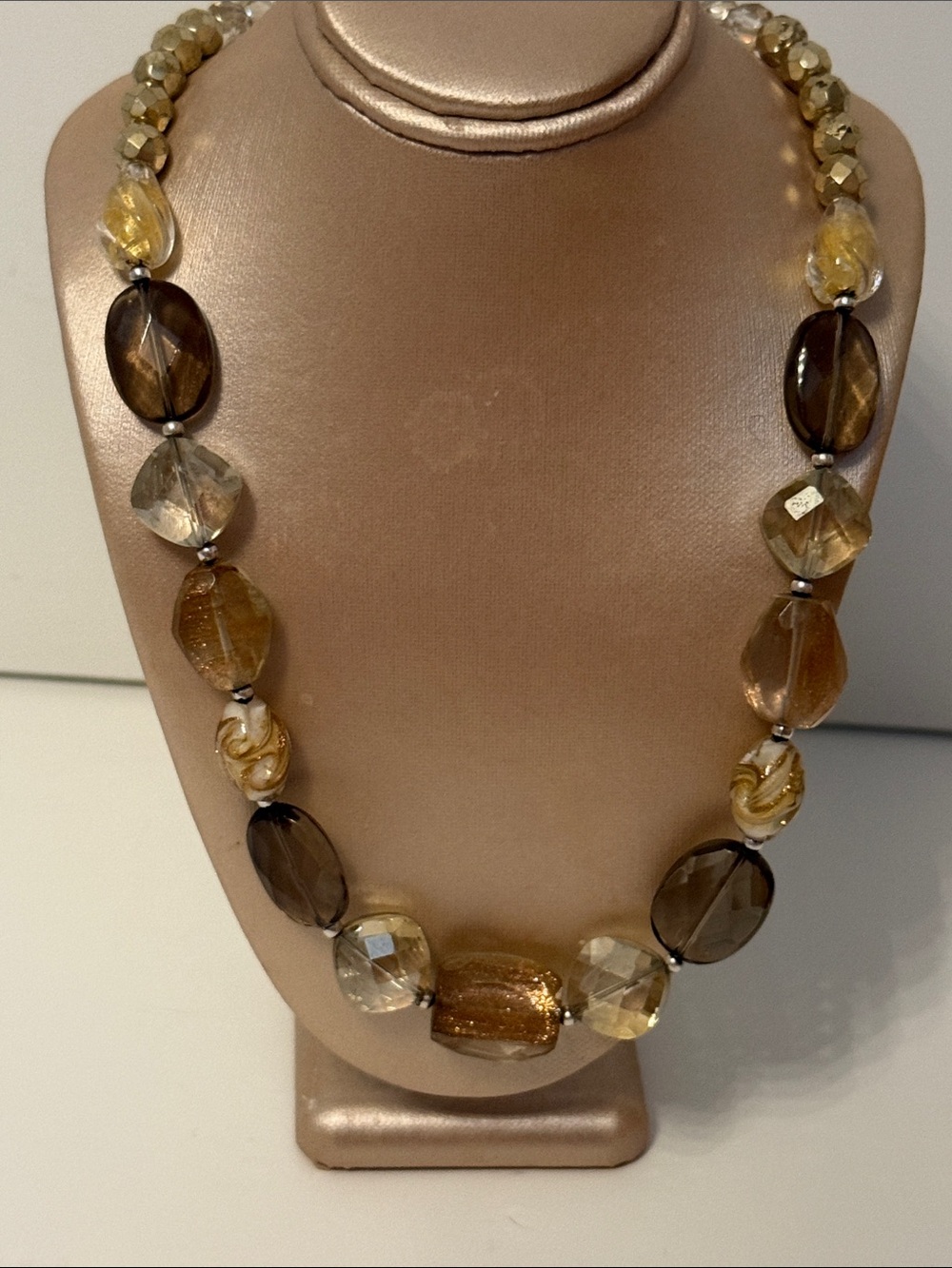 FAS necklace 925 Sterling silver champagne brown faceted beads crystals AB 20”